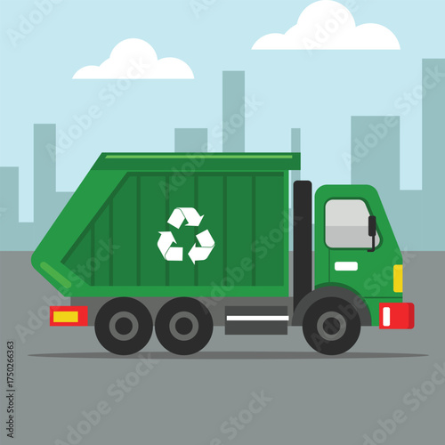 Garbage truck as a vehicle to transport garbage and maintain cleanliness with a city background