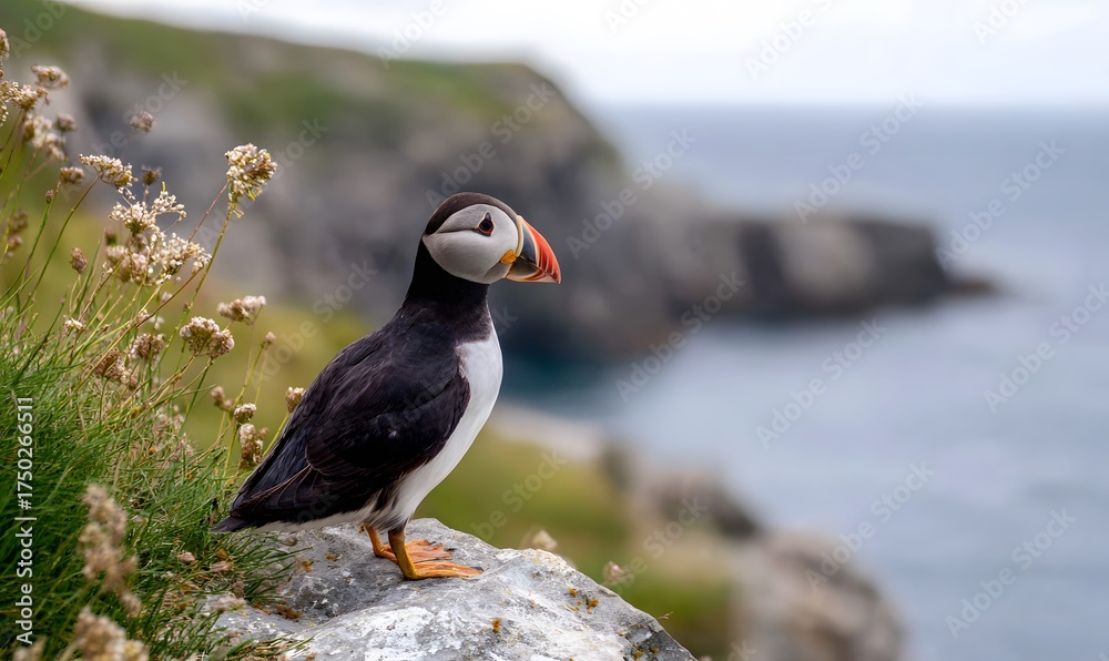 Fototapeta premium beautiful, colorful puffin perched on a rock with oceanic vegetation