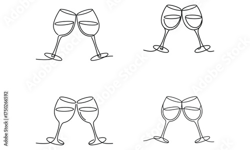 Continuous line drawing of clinking wine glasses celebrating party and friendship

