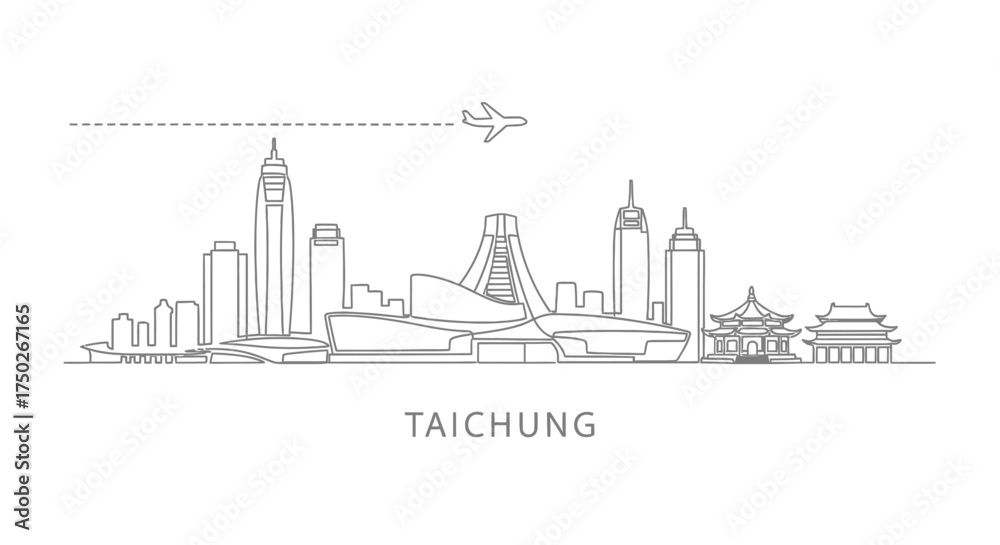 Obraz premium Taichung Skyline Line Art with Airplane