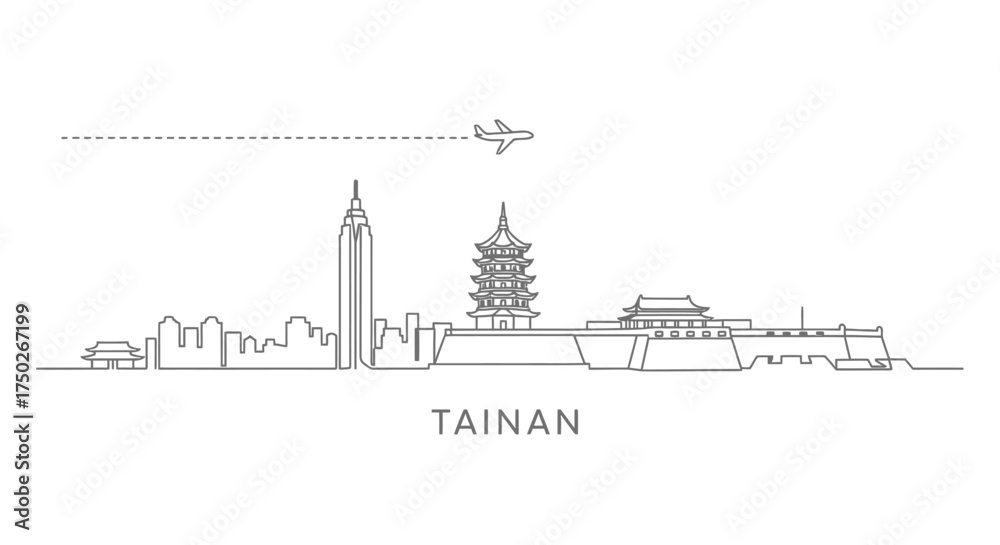 Obraz premium Tainan Skyline with Airplane Silhouette