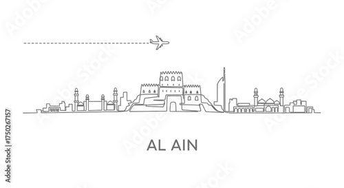 Al Ain Skyline Line Art with Airplane