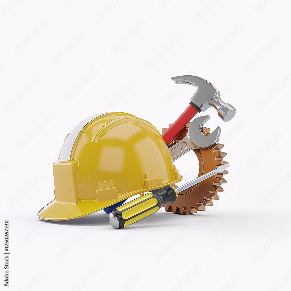 Fototapeta premium Labor Day 3D Render of Tools and Hard Hat Composition