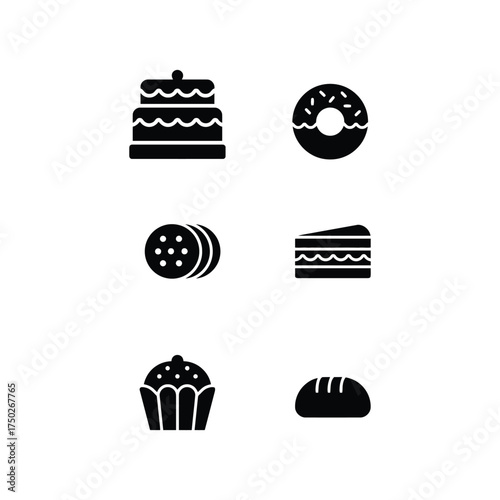 Black silhouette icons of six baked goods including cake, donut, cookies, muffin, bread, and slice, bakery food vector set