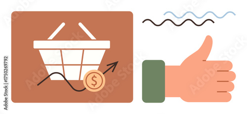 Shopping basket, coin, upward trend line, and thumbs-up hand portraying growth, success, positive financial outcomes. Ideal for business, retail, marketing feedback economy commerce consumer