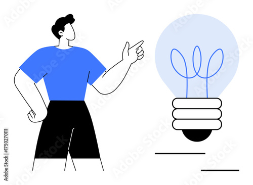 Person in a casual pose pointing at a light bulb with creative filament design. Ideal for innovation, creativity, inspiration, brainstorming, problem-solving, design thinking, education. A simple