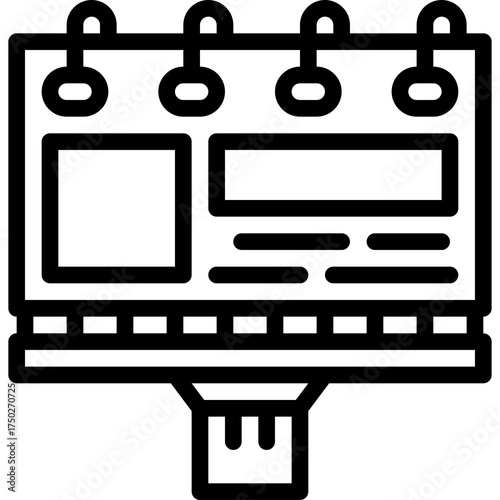 Outline drawing of a large billboard sign with multiple display areas and lights on a stand against a transparent background symbolizing advertising and city life promotion