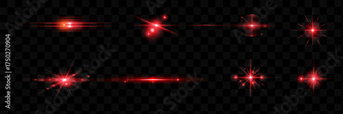 Red light effect reflections, neon illumination in red colors. Bright light lens. Police light effects, lines. Shiny stars, glowing sparks on a black background.