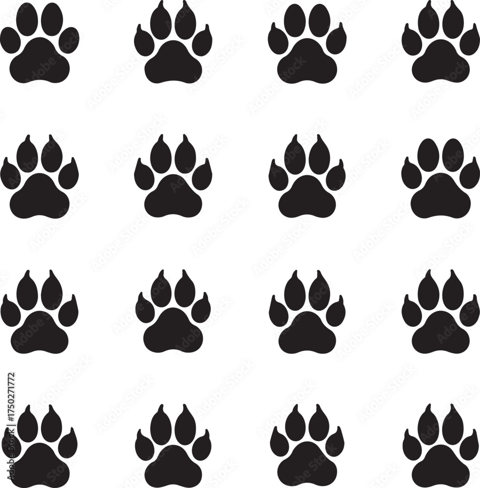 Fototapeta premium Paw Print Pattern: A repeating pattern of symmetrical animal paw prints against a stark backdrop, embodying simplicity, and universal symbols.
