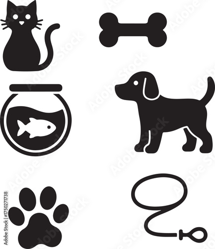 Pet essentials: minimalist collection of pet-related icons, illustrating a cat, dog, bone, fish, paw print, and leash. a simple yet charming collection that embodies the joy and companionship of pets
