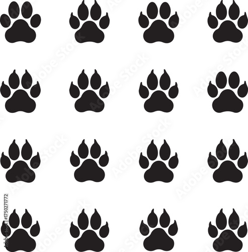 Paw Print Pattern: A repeating pattern of symmetrical animal paw prints against a stark backdrop, embodying simplicity, and universal symbols.