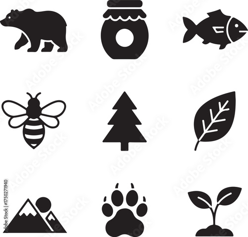 Nature's Simple Symbols: A collection of charming black silhouettes representing various elements of the natural world, ranging from animals to plants. 