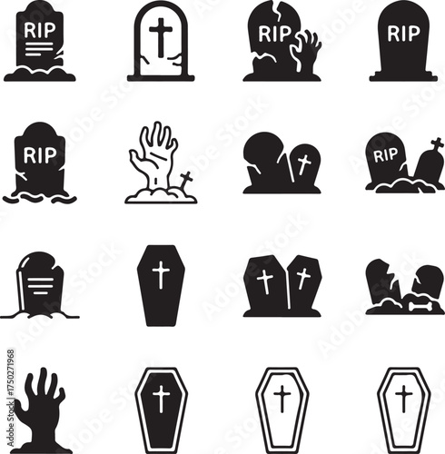 Cemetery Icons Collection: A collection of simple graphic icons representing a graveyard scene, including tombstones, a hand rising from the ground, and coffins.