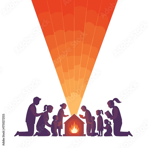 Families gather around a glowing fireplace sharing warmth and light.