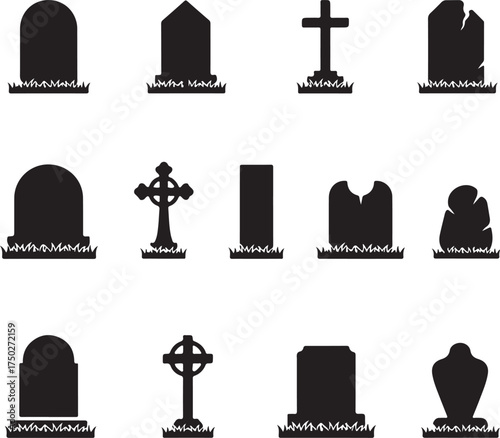 Silhouettes of Remembrance: A collection of various gravestone silhouettes, each a silent testament to lives lived, standing on grassy grounds, offering a poignant reflection on mortality and memory.