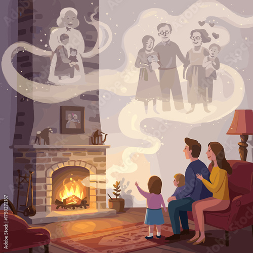 Family gathered by fireplace sharing memories of ancestors and past generations.