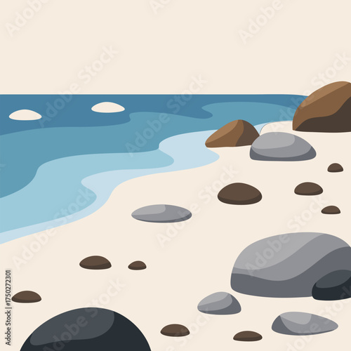 Rocky shoreline with variety of stones and pebbles scattered across beach vector landscape background.