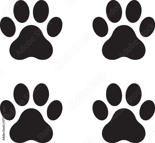 Paw Prints Pattern: A symmetrical display of four stylized paw prints, each a stark, dark impression. Perfect for themed designs and animal-related projects. 