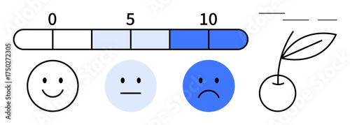 Emotional intensity scale ranging from 0 to 10 with smiling, neutral, and sad faces, alongside a plant growth metaphor. Ideal for feedback, mental health, progress, user satisfaction, education