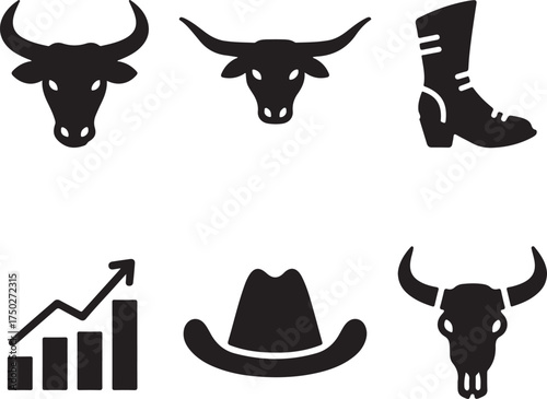 Cowboy Life and Stock Market: An illustrative collection of cowboy and finance-related silhouette symbols for design elements.