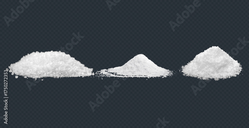 Salt realistic set isolated icons of heaps of edible salt of different crack with salt shakers vector illustration.