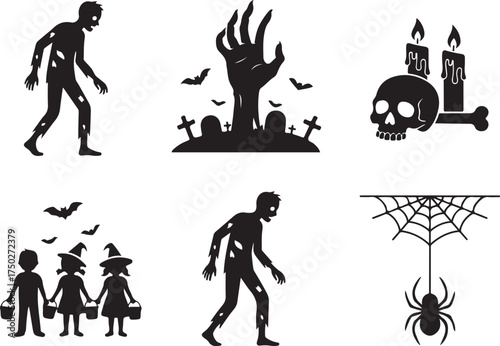 Halloween Silhouette Set: A collection of eerie silhouettes, encompassing a zombie, a reaching hand, a graveyard scene, spooky candle, human skull, witch costume and spider.