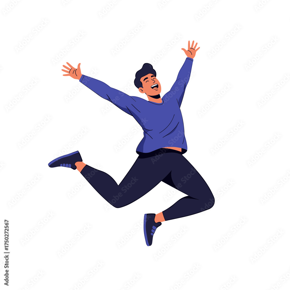Fototapeta premium Joyful Man Leaping High with Arms Raised in Celebration.