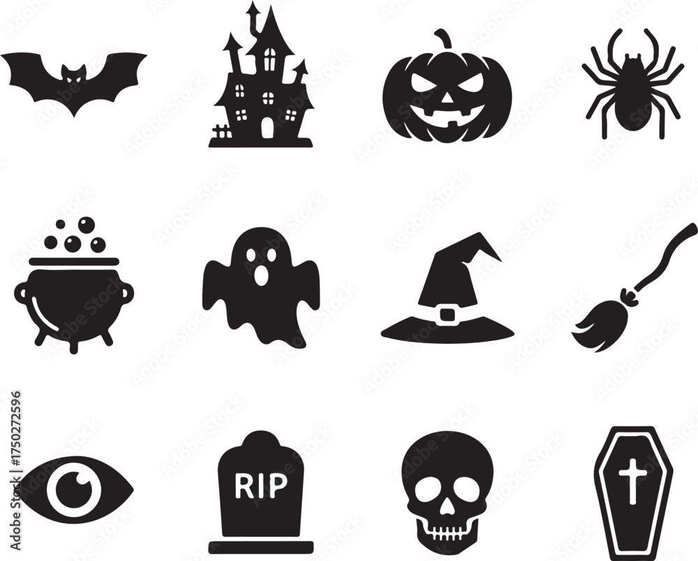 Obraz premium Spooky Silhouette: A collection of classic Halloween elements, presented as stark black silhouettes, ideal for designing festive material. 