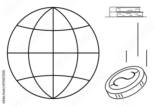 Globe symbolizing global connection, books for knowledge, and falling coin for finance. Ideal for economy, education, globalization, investment, knowledge sharing, financial growth simple flat