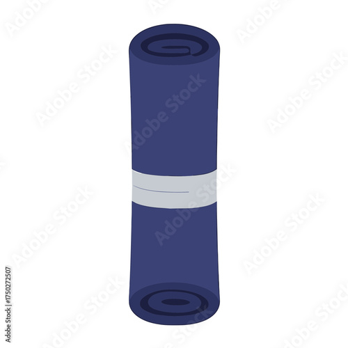 Illustration of a rolled blue yoga mat with a grey band for fitness and exercise.