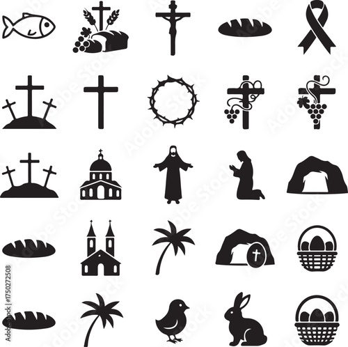 Easter Symbols: A collection of iconic symbols representing the Christian faith, including the cross, fish, bread, and Easter egg basket, evoke the themes of sacrifice, redemption, and hope.