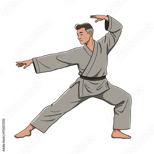 Illustration of a man performing a martial arts kata in a traditional grey uniform.