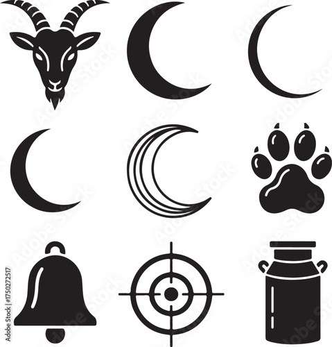 Illustrative Silhouettes: A collection of nine distinct vector shapes, each a minimalist representation of various objects including animal face, crescent moon, paw print, bell, target, and milk can.