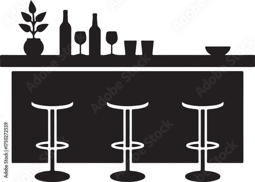 Stylized Bar Illustration: A minimalist depiction of an inviting bar space. The clean lines and stark contrast create a sense of modern sophistication and create a space for gathering.