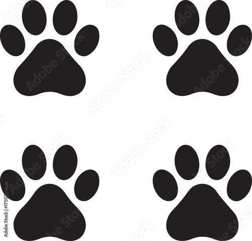 Paw Prints: A minimalist design showcases four black paw prints, each a unique impression, perfect for representing pets and animals. 