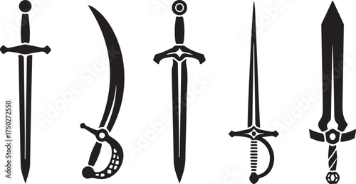 Assorted Swords: Five historical weapon illustrations of varied styles, blades, and shapes, perfect for historical or fantasy themed project.