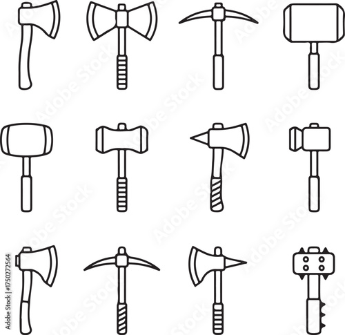 Tools of the Trade: A comprehensive collection of various tools, including axes, pickaxes, and hammers, presented in a clean and modern line art style. Perfect for construction, woodworking.