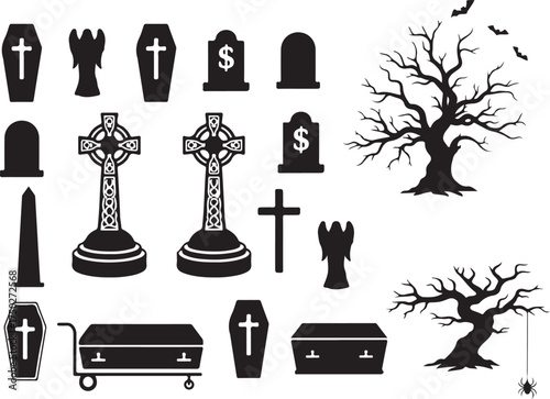 Memento Mori: A collection of somber symbols, featuring gravestones, coffins, crosses, and eerie trees, evokes a sense of remembrance and the passage of time.