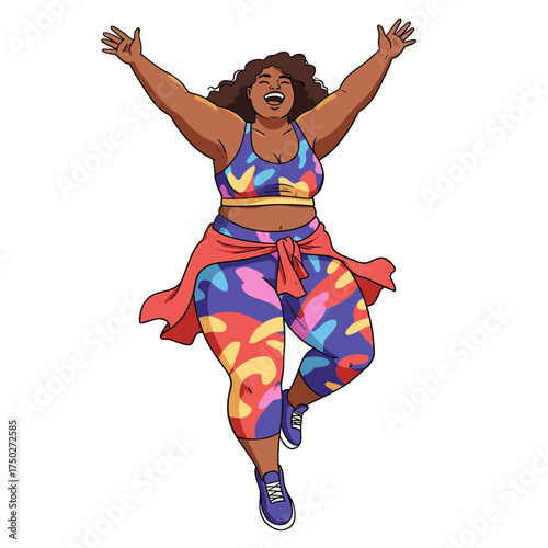 Joyful plussize woman celebrating fitness and body positivity with arms raised high.