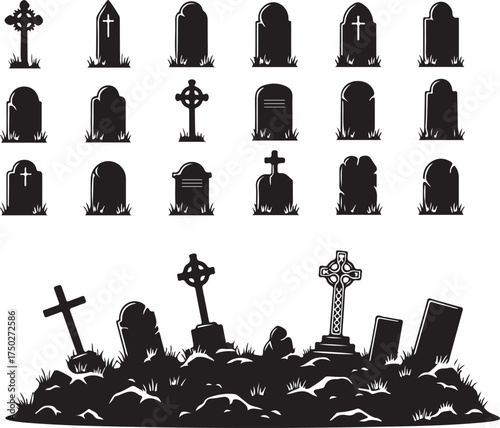 Tombstone Silhouettes: A collection of tombstones silhouette, each unique, standing as silent sentinels in a graveyard, embodying themes of remembrance and mortality.