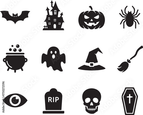 Spooky Silhouette: A collection of classic Halloween elements, presented as stark black silhouettes, ideal for designing festive material. 