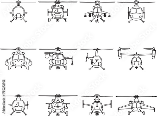 Helicopter Silhouette Collection: An array of helicopter silhouettes showcases the diverse world of aviation, from military models to civilian aircraft, ideal for design projects.