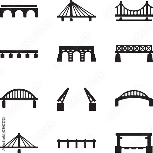 Architectural Marvels: An array of stylized, monochrome bridge illustrations showcase a diverse range of architectural designs, from classic arches to modern suspensions.