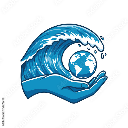 Stylized blue hand protecting planet Earth from crashing ocean wave.