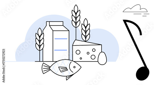 Milk carton, cheese wedge, egg, fish, wheat, and musical note combined. Ideal for nutrition, diet agriculture sustainability healthy living food production modern design. Simple flat metaphor