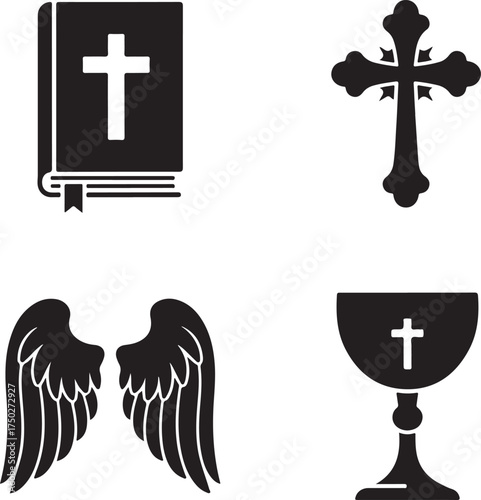 Symbols of Faith: A set of iconic Christian symbols, including a cross, bible, cup and angel wings, offer a glimpse into the heart of Christian belief and spiritual practice. 
