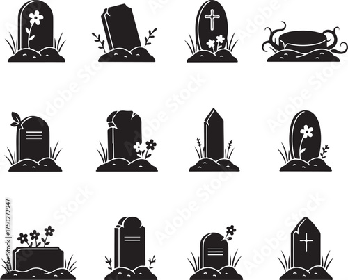 Silent Stones: A collection of evocative tombstones, each bearing its own silent story of remembrance and loss, symbolizing eternal rest, the somber beauty of remembrance.