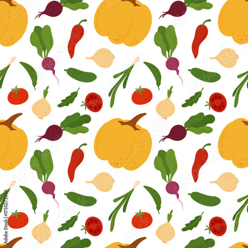 Simple flat vegetables seamless pattern. Colorful autumn harvest of pumpkin zucchini eggplant cucumber potato onion pepper tomato cabbage corn carrot for healthy and vegetarian food design