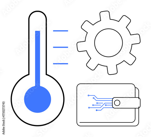 Thermometer indicating temperature, gear symbolizing automation, and digital wallet with circuit pattern. Ideal for technology, fintech, innovation, automation, energy efficiency, engineering simple