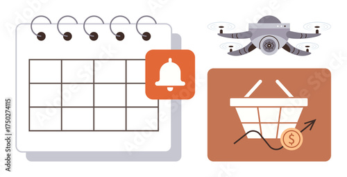 Calendar with notification, quadcopter hovering, shopping basket with growth chart and coin. Ideal for scheduling, e-commerce, technology, logistics, marketing finance online retail. Minimalist